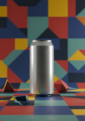 Silver can on colorful geometric background