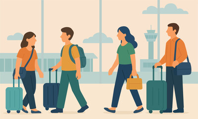 Obraz premium Illustration of people with suitcases at the airport, preparing for a flight. Men and women walking with luggage against the background of an airport building and an air traffic control tower.