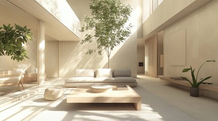 Fototapeta premium Modern Scandinavian living room with natural lighting, minimalist furniture, and indoor plants, neutral color palette 