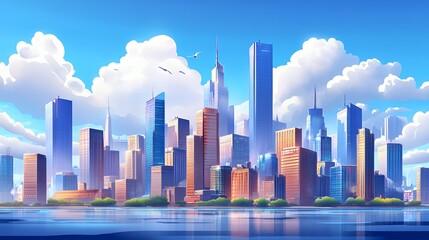 Fototapeta premium Vibrant city skyline with modern skyscrapers and a clear blue sky.