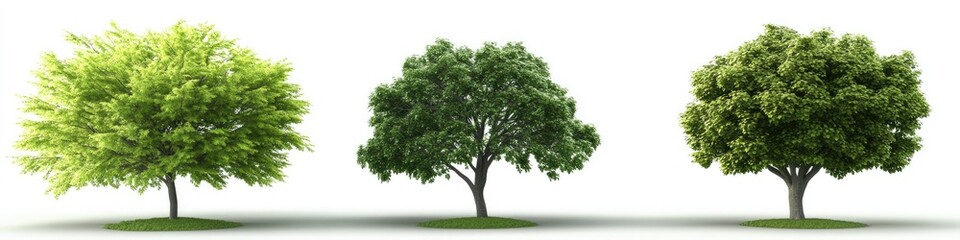 Three trees of varying stages of growth, set against a white background.  Healthy, vibrant, and full of life, with light to dark green foliage.  