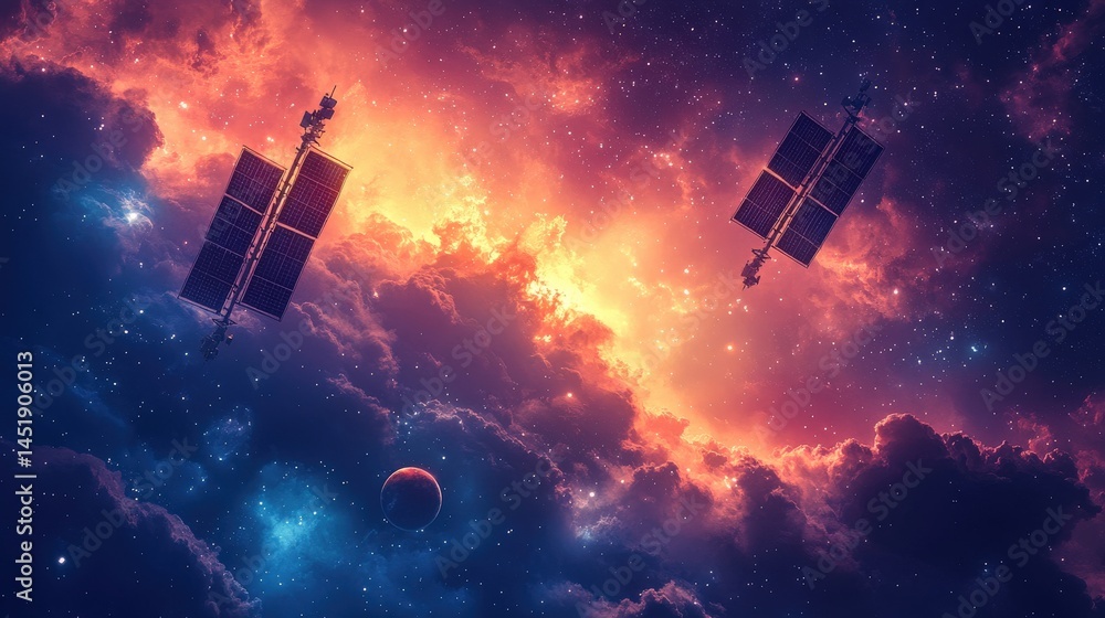 Poster two satellites orbiting a vibrant nebula in deep space, with a distant planet visible below