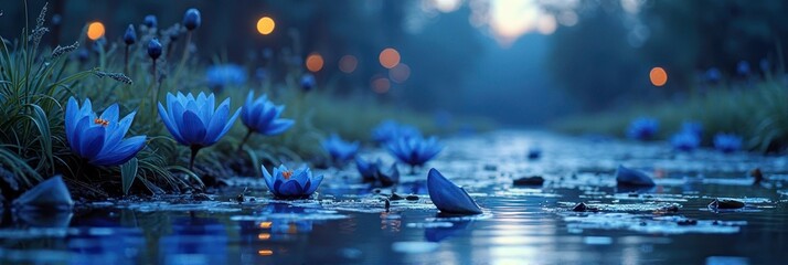 Tranquil blue lotus pond at twilight with soft bokeh lights in background