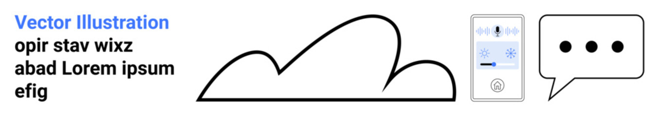 Cloud with smartphone interface displaying audio features and a chat bubble for dialogue. Ideal for technology, communication, cloud storage, AI, voice commands, apps, simple landing page