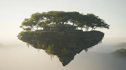 Floating island home in misty landscape