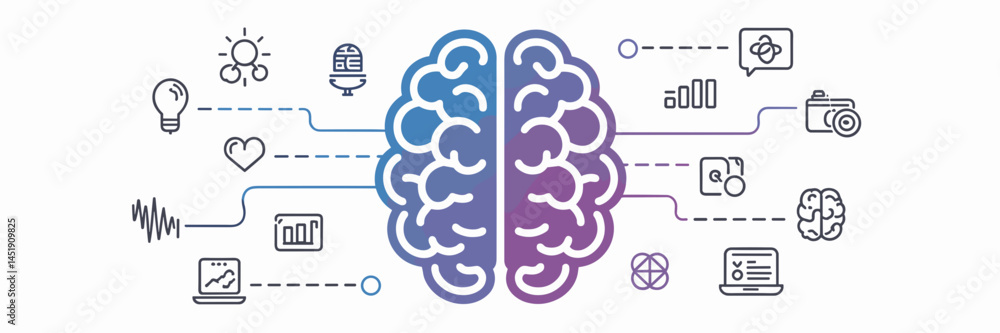 Poster vector icon sheet with brain design and related icons – perfect for cognitive science, creativity, o