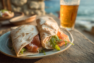 Deliziose piadine arrotolate con il prosciutto crudo e un bicchiere di birra sul tavolo vicino al mare