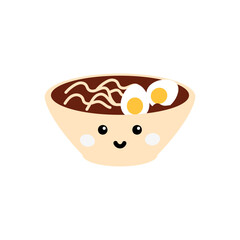 Cute kawaii sticker of a miso soup bowl with tofu, seaweed, and fish, in fun vector style. Perfect for Japanese food menu, planners, scrapbooks, sticker pack