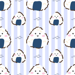 Seamless pattern with kawaii sushi rolls, maki, and rice in a cute Japanese style. Perfect vector design for fabric, wrapping paper, and kitchen decor
