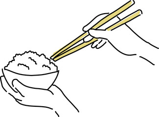 ごはん茶碗と箸を持つ手元のシンプル線画