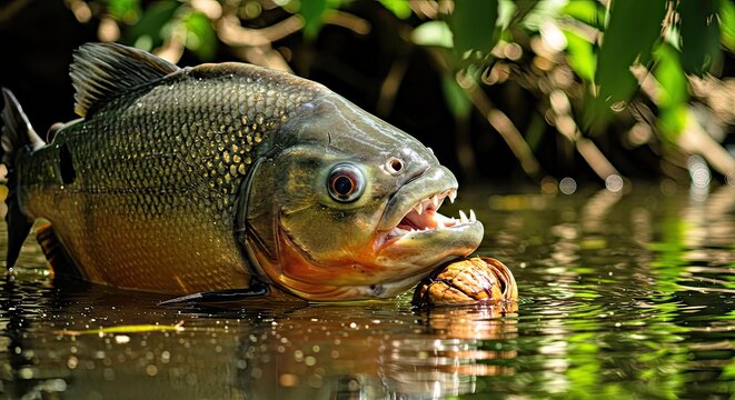 Unique Pacu Fish Using Strong Jaws to Crack Nut Floating on River