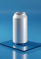 Obraz premium Blank aluminum can on a glass square. A light gray or silver colored can sits on a reflective glass surface against a vibrant blue background