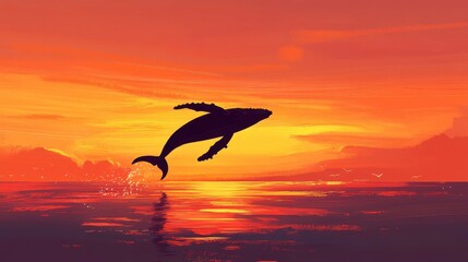 An illustration of a humpback whale breaching the ocean's surface against the backdrop of a stunning sunset.