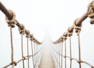 Mystical Rope Bridge Suspended in Fog, Ethereal Pathway to Unknown Destination, Surreal Adventure Concept, Misty Sky Background