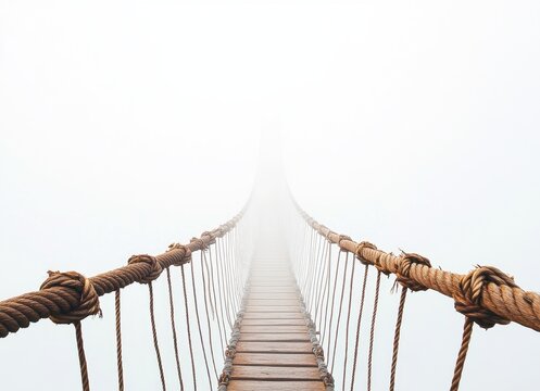 Fototapeta Mystical Rope Bridge Suspended in Fog, Ethereal Pathway to Unknown Destination, Surreal Adventure Concept, Misty Sky Background