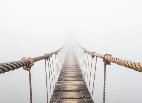 Fototapeta Mystical Rope Bridge Suspended in Fog, Ethereal Pathway to Unknown Destination, Surreal Adventure Concept, Misty Sky Background