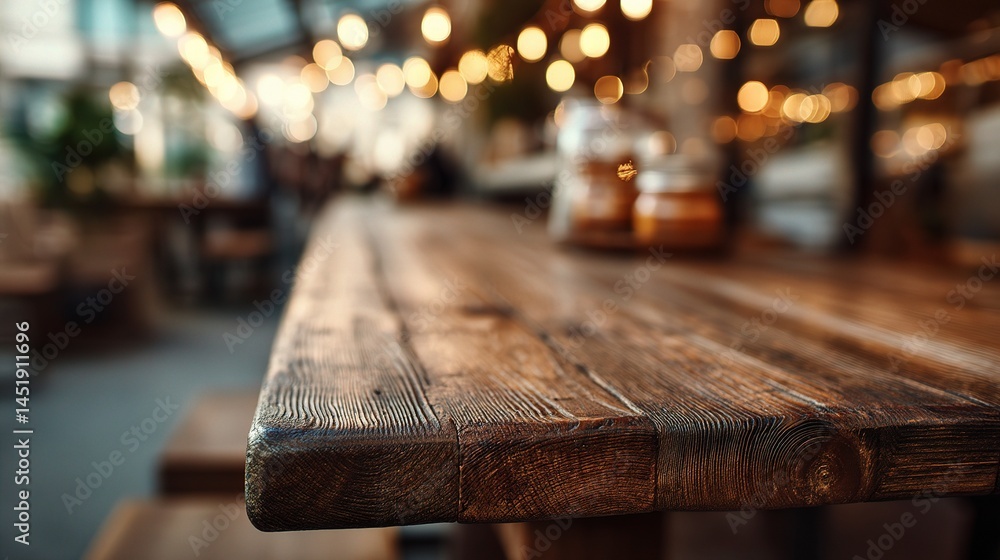 Poster Blurred View of Wooden Cafe Table with Bokeh Background Lights
