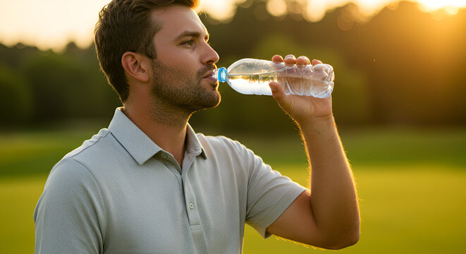 Man drinking water on golf course (1)