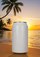 Obraz premium Blank aluminum can on a tropical beach at sunset
