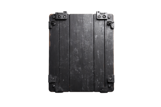 A dark weathered wooden crate lid with metal hinges, worn texture, and industrial hardware details, isolated on a transparent background