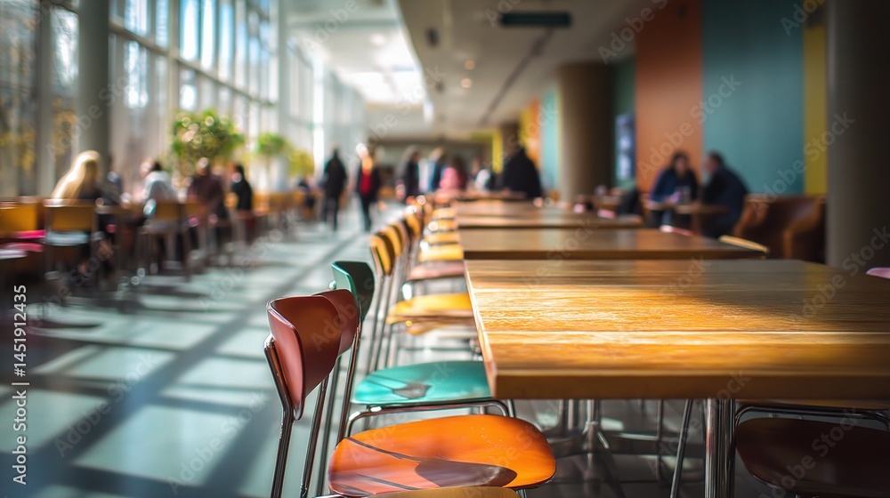 Poster sunlight filtering through cafeteria windows over empty table