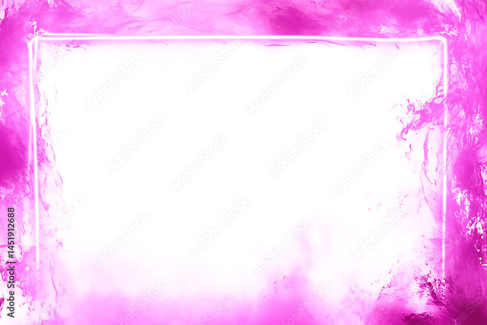 Poster abstract magenta watercolor background with neon rectangular frame.