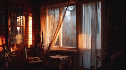 Cozy Interior Room with Light Reflections through Closed Curtains