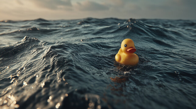 Rubber Duck Alone In Vast Ocean At Dusk