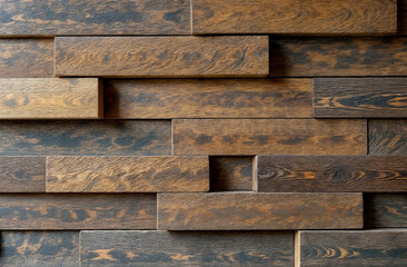 Wooden wall paneling displays an array of rich textures and colors, showcasing craftsmanship and design in a contemporary interior