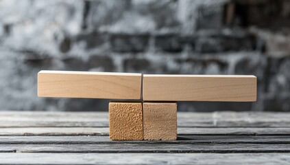 Two light-brown wooden beams balanced on two square blocks