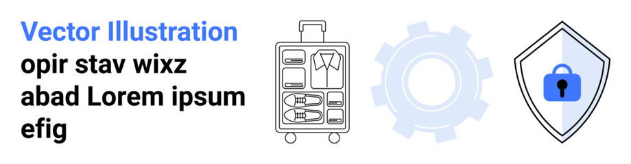Travel suitcase with clothing arrangement, gear symbol, security shield with lock. Ideal for travel planning, packing tips, security solutions, logistics, organization, safety flat landing page
