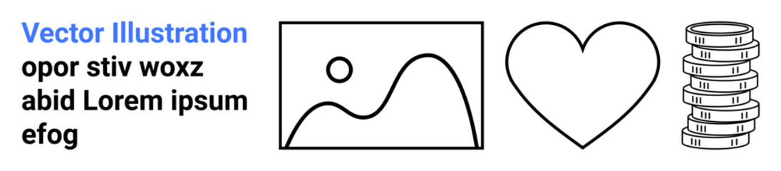 Abstract image frame with a mountain and sun, heart shape, and coin stack. Ideal for finance concepts, donations, love-themed designs, art galleries, wealth topics, digital media and simple landing