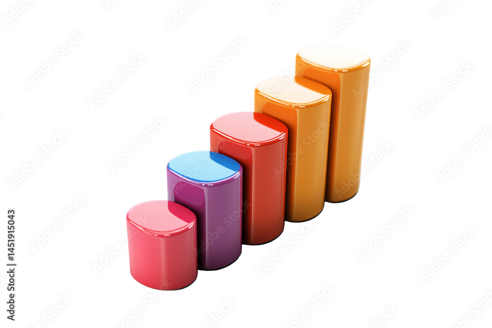 Poster glossy vibrant 3d cylinders forming a rising bar chart in cheerful gradient tones and smooth finish,