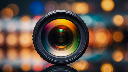 camera lens on blurred background with bokeh