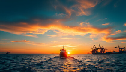 Horizontal shot of a ship sailing away from a port  at sunset, pop-art. with white shades