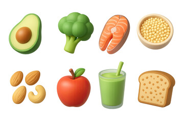 Healthy food 3d icons set - detailed nutrition and diet symbols for balanced meal planning: avocado, broccoli, salmon, quinoa, almonds, apple, smoothie, bread.