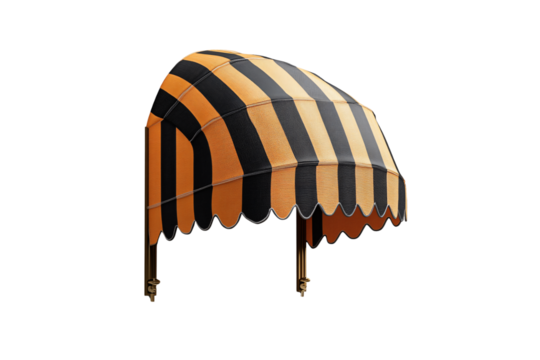 Striped orange and black awning with scalloped edges, mounted on metal brackets, stylish and bold, isolated on a transparent background