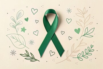 Green Awareness Ribbon with Floral Elements and Hearts