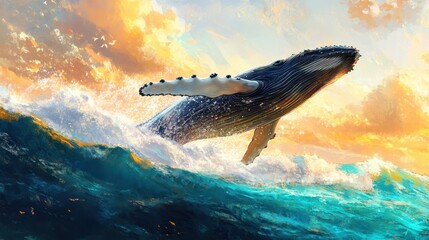 Obraz premium An illustration of a humpback whale breaching the ocean's surface against the backdrop of a stunning sunset.