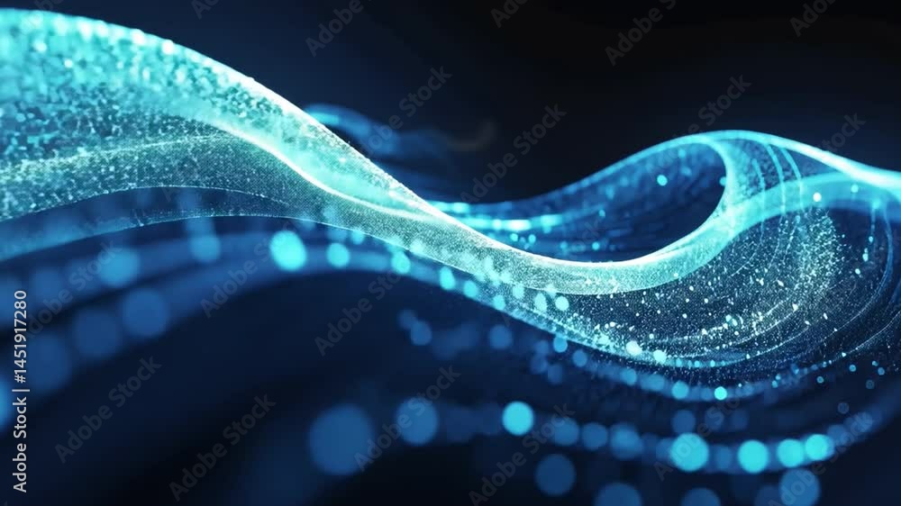 Poster mesmerizing abstract waves blue light particles in motion, showcasing depth and digital technology b