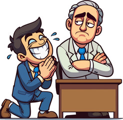 Cartoon Vector of Desperate Employee Begging Strict Boss at Office Desk – Workplace Sycophancy Illustration