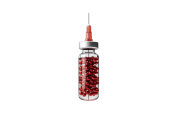 Transparent syringe filled with suspended red beads, creating a futuristic, scientific or medical concept visual, isolated on a transparent background