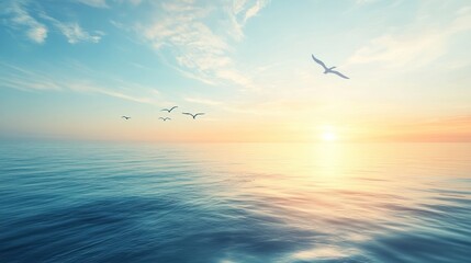 Gentle ocean vista featuring birds in flight against a colorful pastel sky