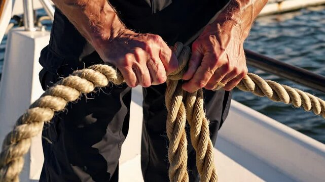 Skilled sailor securely fastening nautical rope aboard sailboat, demonstrating professional maritime expertise during ocean voyage