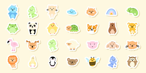 Obraz premium Kawaii animal Cute sticker set with adorable face. Vector illustration for decorating notebooks, scrapbooking, phone cases, and planners