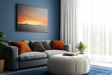 Fototapeta premium A modern living room with blue walls, white curtains on the large window, grey sofa and an oversized plush beige ottoman as coffee table. The space is well-lit by natural light from sheer curtains. 