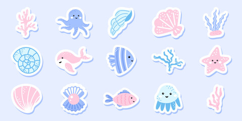 Cute kawaii ocean sticker set with starfish, octopus, fish, and shells in pastel colors. Perfect for decorating planners, notebooks, and kids crafts