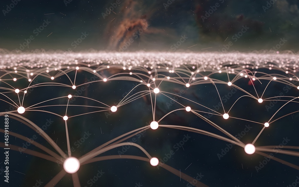 Poster a photo of a complex, interconnected network of glowing nodes representing 