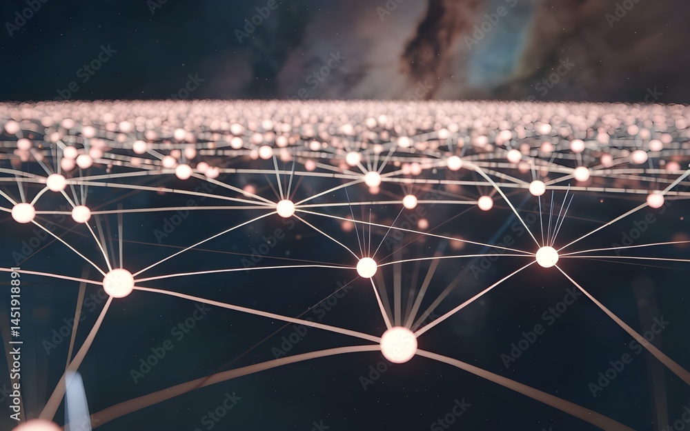 Poster the network appears to expand infinitely, hinting at a boundless and distributed system, with subtle