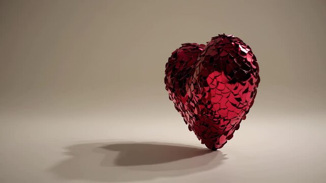 Glossy volumetric red heart gently rotating against pristine white surface, symbolizing deep emotional connection and romantic sentiments